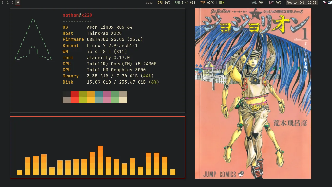 the x220 desktop in gruvbox colors. a polybar across the top, a fastfetch readout showing arch linux on a thinkpad x220 with libreboot firmware, a cava audio visualizer below it, and the jojolion volume 1 cover on the right